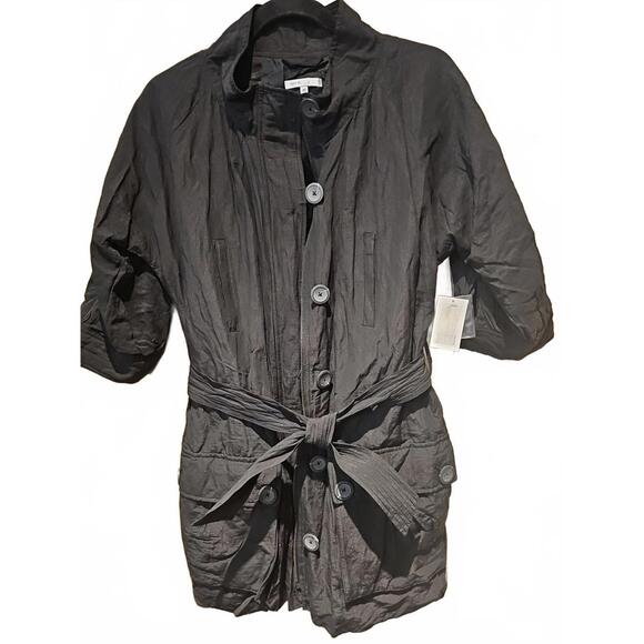 Vince XS Black Belted 3/4 Sleeve Trench Coat Full Zip Button Gold Threading NWT